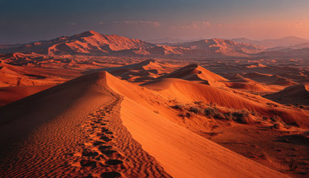 Vast desert scene at sunset, featuring undulating sand dunes bathed in golden light, evoking a sense of peace and connection with natureの素材