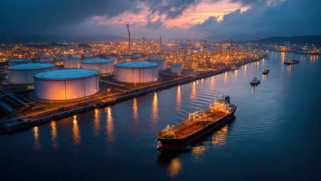 Aerial view of an industrial harbor at dusk, featuring illuminated storage tanks, a cargo ship on calm waters, and a vibrant sky filled with colors and reflectionsの素材