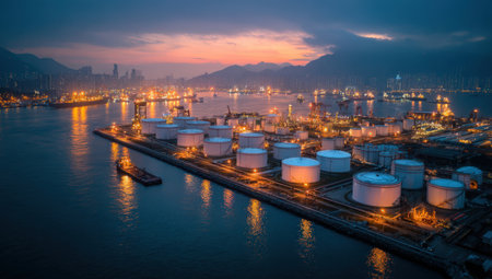 Aerial view of industrial harbor at twilight, featuring glowing storage tanks and vessels, with a stunning skyline and mountains creating a serene atmosphereの素材