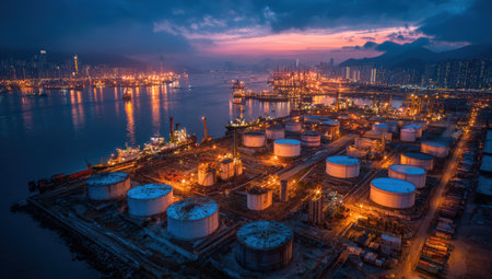 Aerial view of an industrial harbor at dusk, featuring illuminated storage tanks and cargo ships, with vibrant reflections on water, creating a lively urban sceneの素材