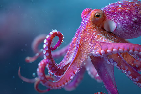 Colorful octopus with detailed textures and flowing tentacles is swimming in a tranquil underwater scene, highlighting the beauty of marine life and ocean ecosystemsの素材
