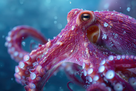 Colorful octopus gliding through clear water, displaying its remarkable textures and hues, surrounded by aquatic elements in a serene underwater sceneの素材