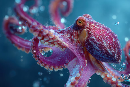 Vibrant octopus gliding through clear water, displaying its colorful tentacles and intricate textures, emphasizing the beauty of marine life and underwater environmentsの素材