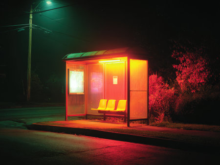 Bus stop at night, glowing with orange and green lights, empty yellow seats invite waiting passengers, surrounded by lush foliage, creating a tranquil urban sceneの素材