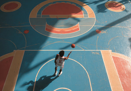 African American male basketball player is practicing shooting on vibrant court with distinctive patterns, highlighting focus and commitment to improving skillsの素材