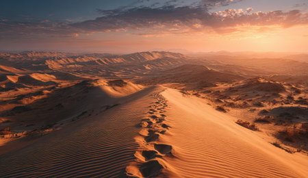 Stunning desert scene at sunset, featuring rolling sand dunes and distinct footprints, evoking a sense of adventure and peaceful solitude in nature's embraceの素材