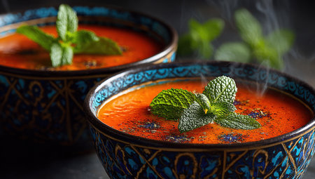 Two bowls of aromatic tomato soup, adorned with fresh mint leaves, emit steam, highlighting rich colors and intricate designs, evoking a cozy dining experienceの素材
