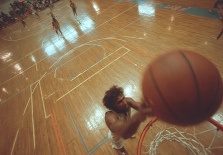 Male basketball player executes a slam dunk on a wooden court, with teammates and spectators visible, highlighting the energy and competitive spirit of the sportの素材