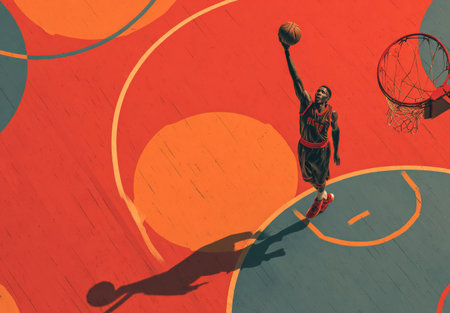 Male basketball player in action, jumping to shoot ball on a colorful court, highlighting athleticism and energy in a visually striking sceneの素材
