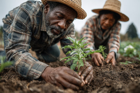 Two dedicated farmers, an African American man and woman, are planting seedlings in fertile soil, showcasing their commitment to sustainable gardening and teamworkの素材