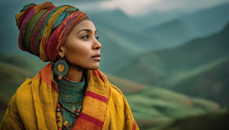 Woman in colorful traditional clothing, looking into the distance amidst rolling green hills, showcasing cultural richness and connection to natureの素材