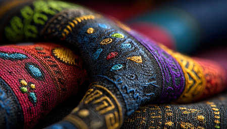 Close-up of colorful embroidered textiles featuring intricate patterns and vibrant threads, highlighting craftsmanship and cultural artistry in rich textures and huesの素材