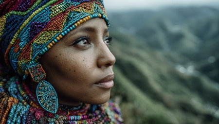 Woman with intricate beaded accessories gazes into the distance, surrounded by vibrant green hills, reflecting cultural heritage and natural beauty in a tranquil settingの素材