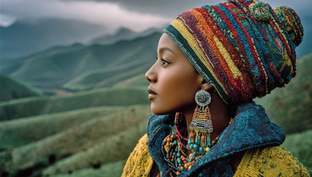 Woman in vibrant traditional clothing stands against rolling green hills, showcasing rich textures and colors, reflecting cultural pride and connection to natureの素材