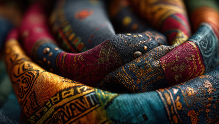 Close-up of colorful patterned fabric, featuring intricate designs and rich textures, highlighting the artistry and cultural significance of textile craftsmanshipの素材