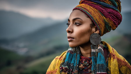 Woman in vibrant traditional clothing gazes into the distance, with large earrings and a colorful headwrap, set against a backdrop of rolling green hills and a moody skyの素材