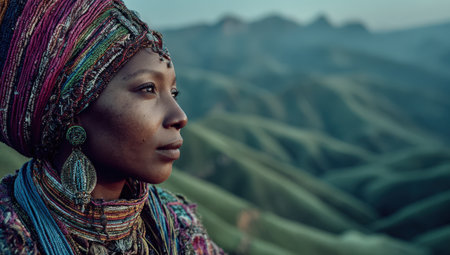 Woman in vibrant traditional clothing gazes at rolling green hills, showcasing cultural pride and harmony with nature in a tranquil outdoor settingの素材