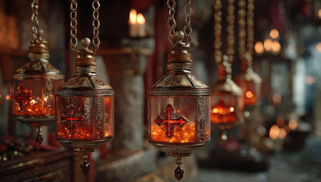 Decorative lanterns with glowing lights hang from chains, illuminating a richly detailed environment, enhancing the ambiance of warmth and intrigueの素材