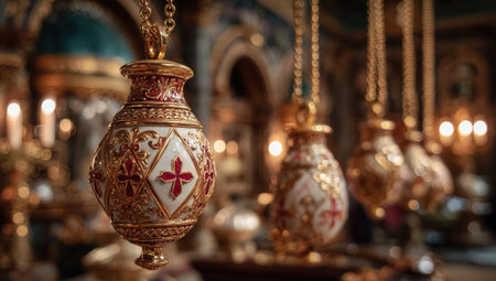 Decorative hanging vessels with intricate designs and vibrant colors, suspended in a beautifully lit interior, highlighting craftsmanship and artistic heritageの素材