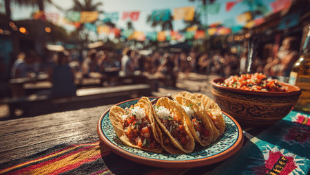 Tacos filled with fresh ingredients are beautifully arranged on a decorative plate, surrounded by a lively outdoor setting with a festive ambiance and blurred peopleの素材