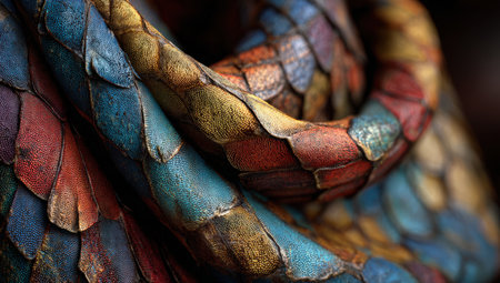 Close-up of a beautifully crafted fabric featuring colorful scales in shades of blue, red, and gold, highlighting the intricate details and artistic textile designの素材