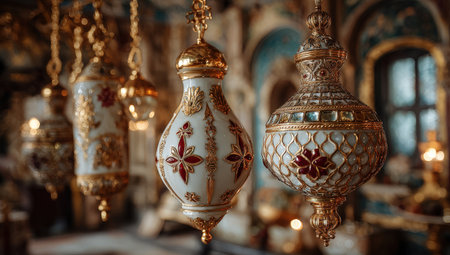 Beautifully crafted lanterns with detailed patterns and gold embellishments, suspended gracefully, casting a warm glow in an elegant, opulent settingの素材