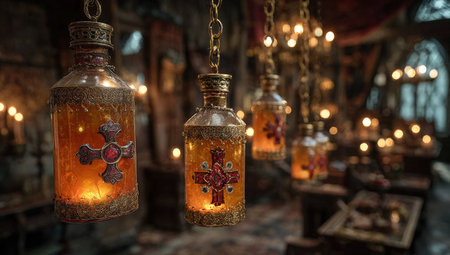 Ornate glass bottles with glowing interiors hang from chains in a candlelit room, surrounded by soft shadows and rich textures, evoking a magical ambianceの素材