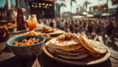 Stack of warm tortillas on wooden plate accompanied by colorful salsa in bowl, surrounded by lively festival scene with palm trees and bright lights creating festive ambianceの素材
