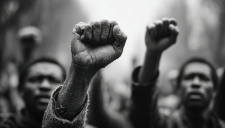 Individuals with raised fists demonstrate solidarity during protest, capturing the essence of unity and strength in a powerful black and white scene of social activismの素材