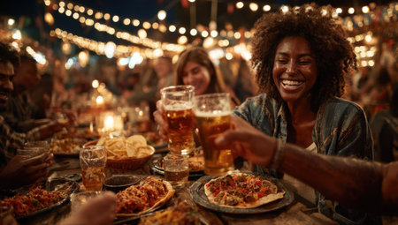 Joyful female celebrating with friends at outdoor gathering, toasting drinks, surrounded by delicious food and glowing string lights, creating a vibrant festive ambianceの素材