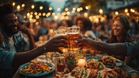 Friends celebrating together, raising beer glasses in a joyful toast at an outdoor event, with vibrant food platters and twinkling lights enhancing the festive moodの素材