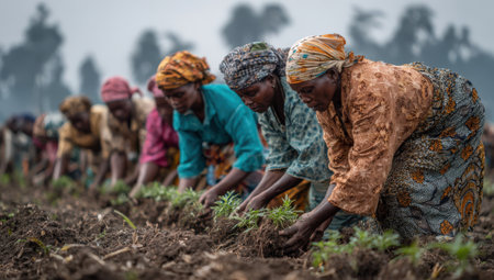 Group of women in vibrant headscarves engaged in planting crops in a field, demonstrating hard work and collaboration in agriculture, with a natural settingの素材