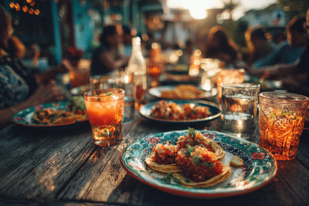 Table filled with delicious tacos, refreshing beverages, and a cozy atmosphere, highlighting a joyful gathering of friends sharing a memorable dining experienceの素材