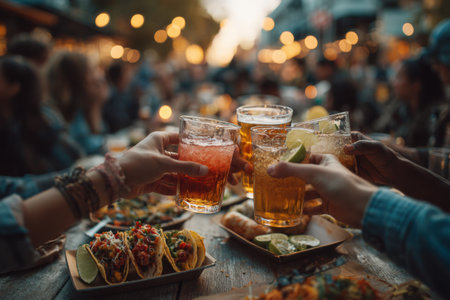 Friends raise glasses in celebration at lively outdoor event, with colorful tacos and warm lighting creating a joyful ambiance for shared momentsの素材