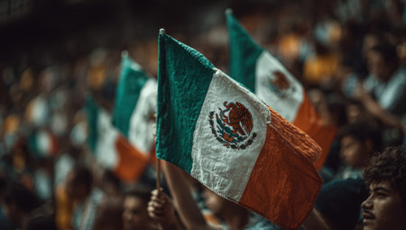 Crowd passionately waving colorful Mexican flags at a sporting event, capturing the essence of national pride and unity in a vibrant, energetic environmentの素材