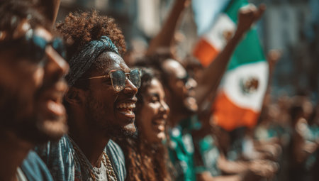 Diverse group of individuals joyfully celebrating at an outdoor event, with vibrant colors and flags creating a lively atmosphere filled with excitement and unityの素材