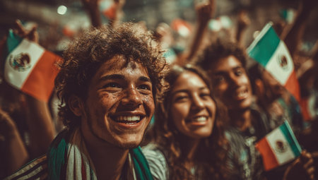 Group of enthusiastic young people enjoying a vibrant event, joyfully waving flags, embodying a sense of celebration, togetherness, and cultural identityの素材