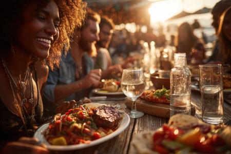 Happy woman with curly hair shares a meal with friends at an outdoor gathering, featuring colorful dishes and drinks, creating a warm and inviting atmosphereの素材