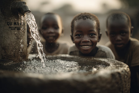 Happy African children are gathered around a water fountain, with water flowing and creating a vibrant scene, highlighting joy and community connectionの素材