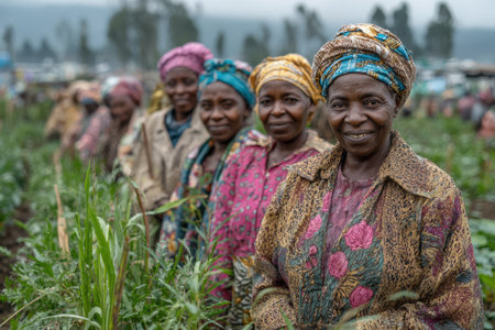 African women in vibrant attire are gathered in a green field, demonstrating unity and collaboration in farming, surrounded by crops and natural beautyの素材