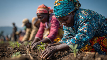 Women engaged in planting seedlings in a vibrant field, demonstrating hard work and collaboration in agriculture, surrounded by lush greenery and a clear skyの素材