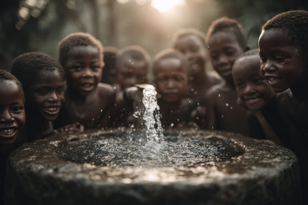 Happy children are gathered around a water fountain, enjoying the moment with laughter and smiles, surrounded by nature and warm sunlight creating a joyful atmosphereの素材