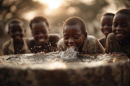 Happy children are gathered around a water well, enjoying the splashes of water, showcasing the joy of friendship and the beauty of childhood in a vibrant outdoor environmentの素材