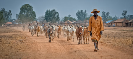 Man in traditional clothing walks along a dirt path, leading a herd of cattle through a rural area, highlighting the harmony between humans and natureの素材