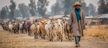 Man in traditional clothing walks along dirt path, leading cattle through open fields, surrounded by trees and rural scenery, embodying agricultural lifestyleの素材