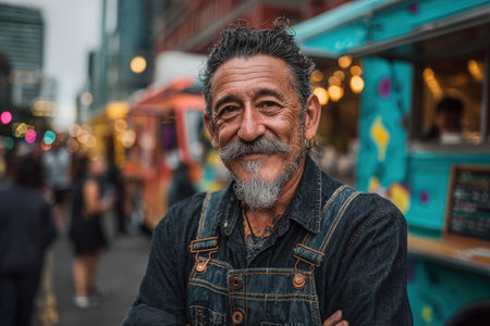 Confident older man in denim overalls poses in front of colorful food trucks at a bustling outdoor market, capturing the essence of community and cultureの素材