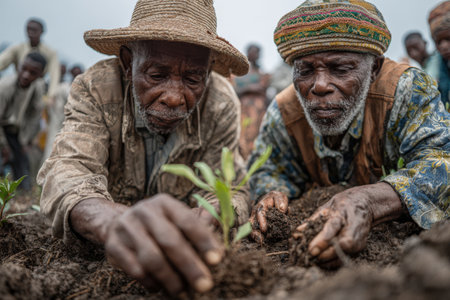 Elderly men are planting seedlings in fertile soil, surrounded by fellow farmers, highlighting the importance of community and sustainable agriculture practicesの素材