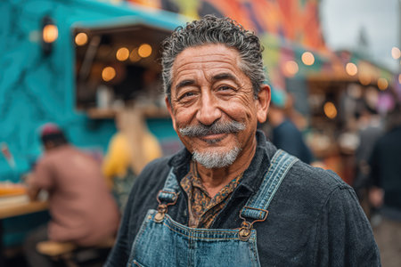 Smiling Hispanic man in denim overalls stands in front of colorful food truck, surrounded by bustling outdoor market atmosphere, reflecting joy and community spiritの素材
