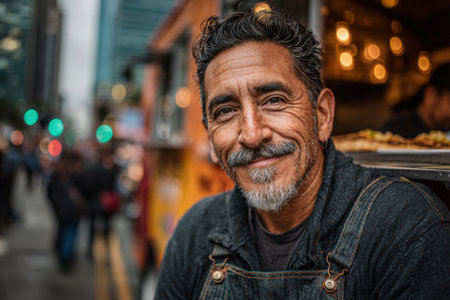 Middle-aged man with gray hair and beard, dressed in denim overalls, poses in front of colorful food truck, radiating warmth and enthusiasm for street food cultureの素材