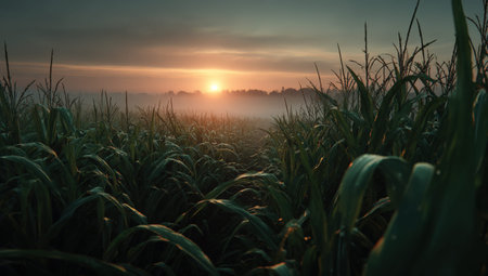 Vibrant cornfield with dew on leaves, illuminated by soft sunlight at dawn, creating a tranquil scene that highlights the beauty of nature's morning glowの素材